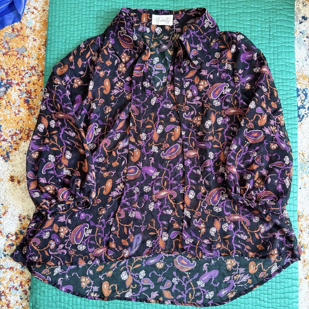 Vintage Forever 21 Paisley Print Long Sleeve Blouse Tie Neck Top Purple Black L